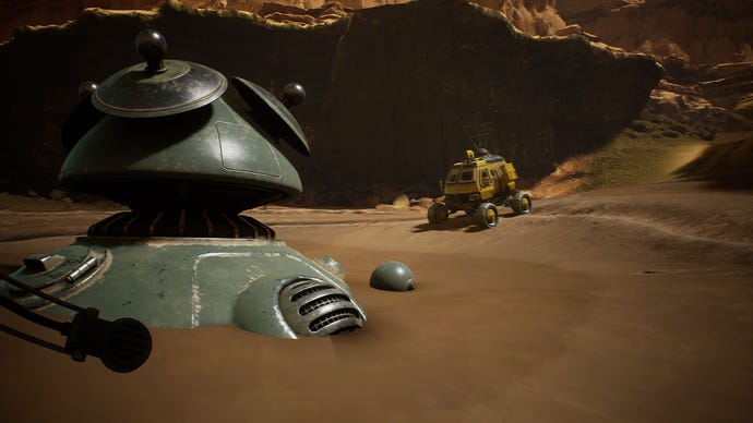 Un buggy se trouve à côté d’une énorme capsule spatiale enfouie dans le sable dans The Invincible.