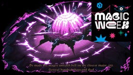 A giant, purple, magical spell levels a city in The Last Spell. A black square logo reading MAGIC WEEK in white letters is superimposed over the top right corner of the image.
