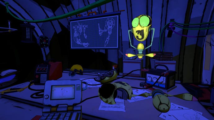 A small robot hovers above a desk strewn with work in The Last Worker
