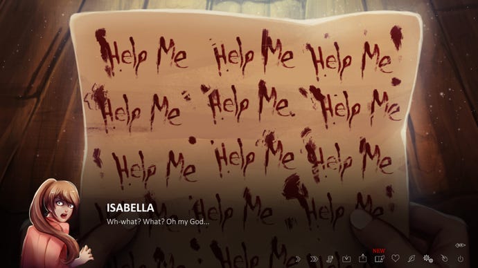 Isabella looks over her shoulder with a fearful expression on her face after reading the titular letter from The Letter, which simply contains the words HELP ME written over and over again in blood.