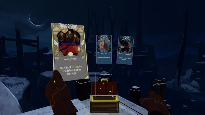 Choosing ability cards in VR roguelike The Light Brigade - the player is holding a card called Potent Sun which adds +25% headshot damage