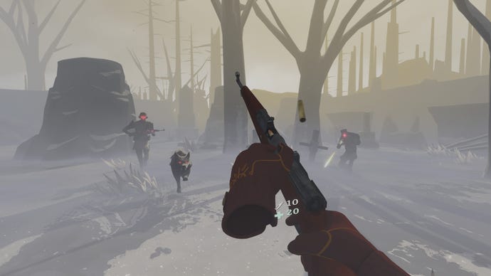 The player reloads their weapon as enemies and dogs run toward them in VR roguelike Reality Bytes