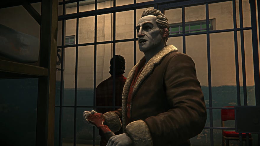 The Long Dark - Mathis stands inside a prison cell holding a wrench and talking with the player while another convict stands guard outside.