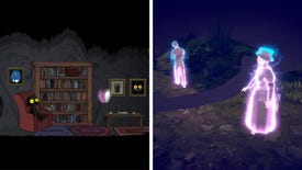 A composite image showing, on the left side, the Shade from The Longing sitting in his underground cave home, and on the right a female ghost looking as a male ghost walks away in Ghost On The Shore