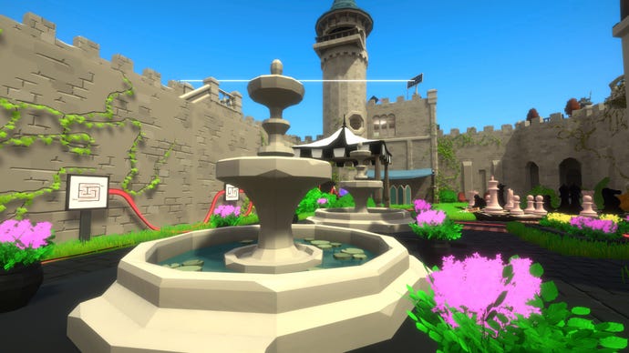 Παζλ σε μια αυλή του κάστρου σε ένα στιγμιότυπο οθόνης από το The Looker, μια παρωδία του μάρτυρα