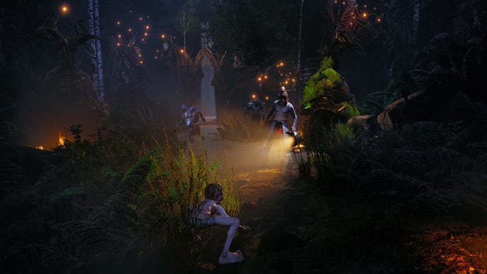 Gollum chucks a lantern to distract some orcs in The Lord Of The Rings: Gollum.