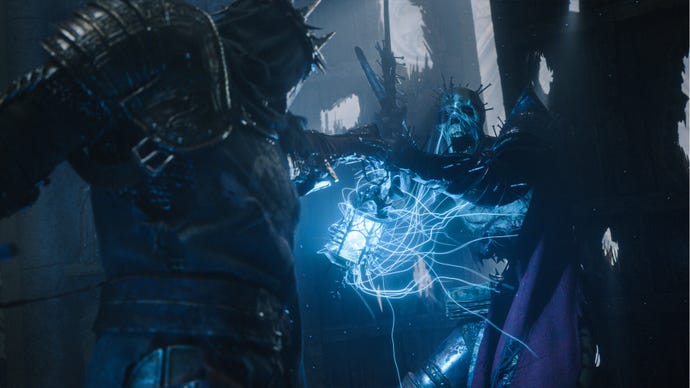 The player character in The Lords Of The Fallen uses their lantern to finish off an enemy.