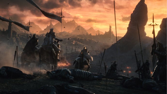 Three riders on horseback cross some mountainous terrain in The Lords Of The Fallen.