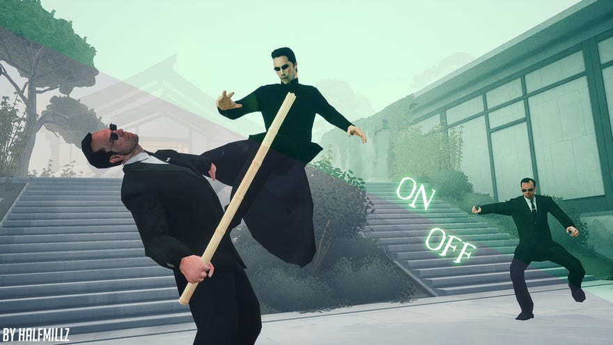 A screenshot of The Matrix mods pack for Sifu, showing Neo kicking Agent Smith in the head.