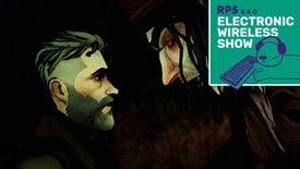 A screenshot from a cutscene of The Midnight Crimes where the main character faces down a big grave-robbing giant. The green square Electronic Wireless Show podcast logo is in the top right corner
