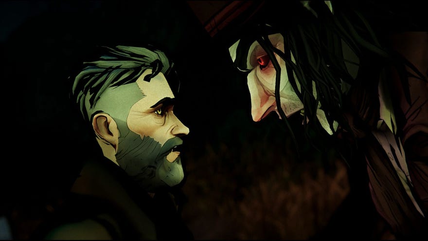 A screenshot from a cutscene of The Midnight Crimes where the main character faces down a big grave-robbing giant