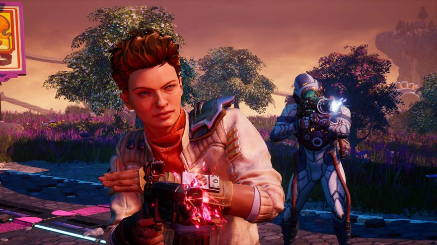 A woman with short hair dressed like a kind of cool Han Solo type fires towards and right of the screen in The Outer Worlds: Spacer's Choice Edition