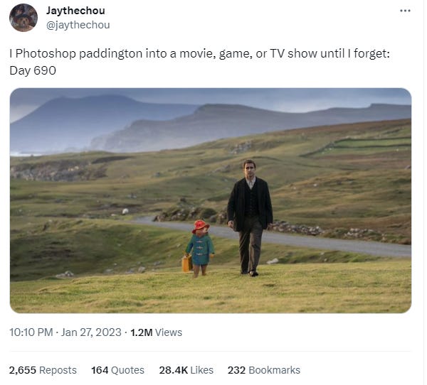 Screenshot of twitter post featuring Paddington photoshopped into Banshees of Inisherin