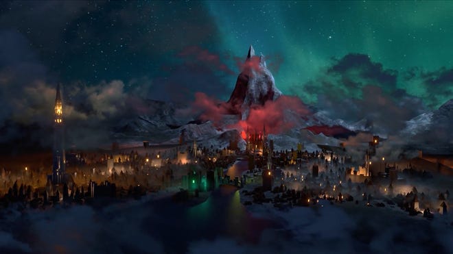 A bird's eye shot of a fantasy city at night. Low-hanging clouds obscure the horizons, but you can see both a towering mountain at its center, glowing red, and a piercing spire to the right.