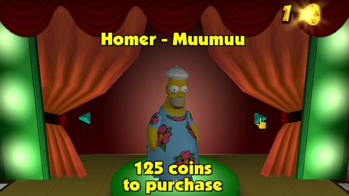 Homer vêtu de son muumuu fleuri dans l'écran des tenues en option des Simpsons : Hit & Run