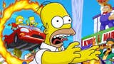 The Simpsons: Hit & Run cover showing Homer Simpson running away as his children Bart and Lisa jump through a ring of flames in a red convertible car. Kwik E Mart owner Apu looks alarmed