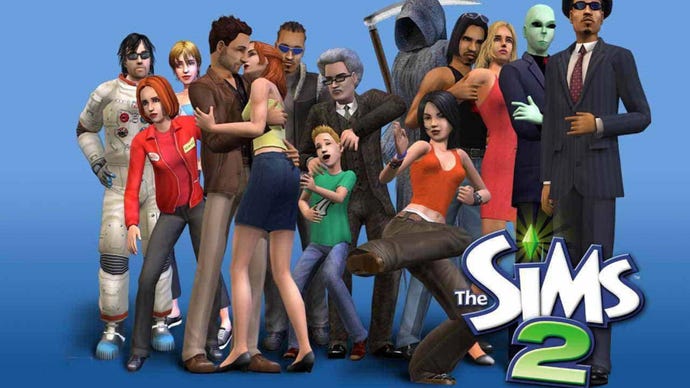 The full box art render for The Sims 2, which shows 14 very different Sims in tableu, including an astronaut, pizza delivery girl, an alien, and the Grim Reaper.