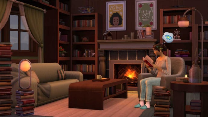 A female Sim sits in an armchair reading and daydreaming. The room around her is stuffed with books and bookshelves, and illuminated by a fireplace behind her.