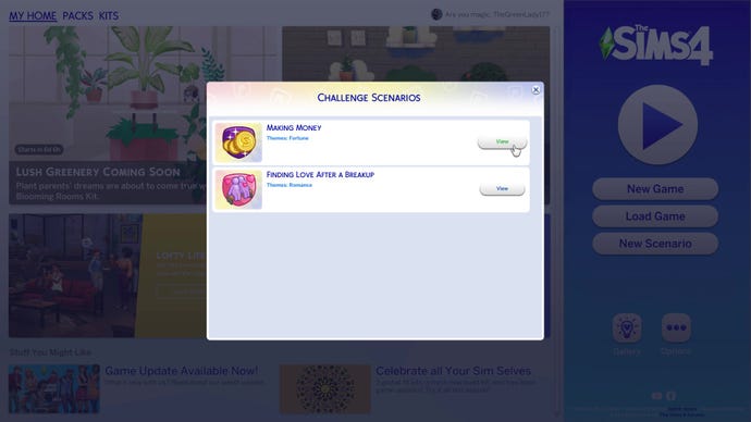 The Scenario selection pop-up in The Sims 4's main game menu.