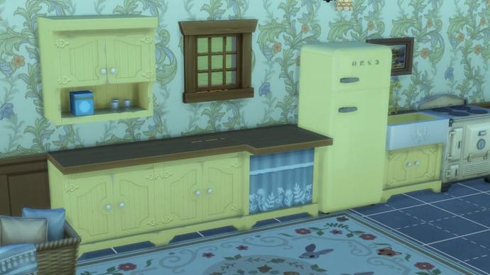 The new kitchen cabinets (plus other kitchen goods including a fridge) in The Sims 4 Cottage Living expansion
