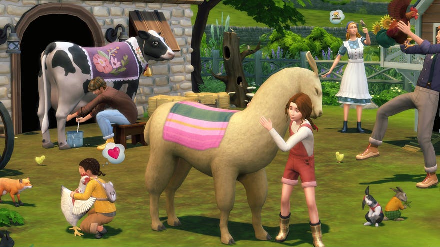 A screenshot from The Sims 4 Cottage Living expansion showing a girl hugging a llama, while others milk cows, hug chickens and otherwise interact with animals.