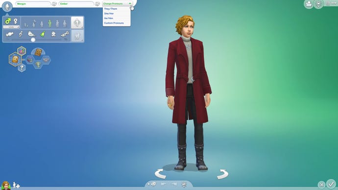 The customisable pronoun list in The Sims 4, showing its drop-down selection of the three basic options: He/Him, She/Her, They/Them.