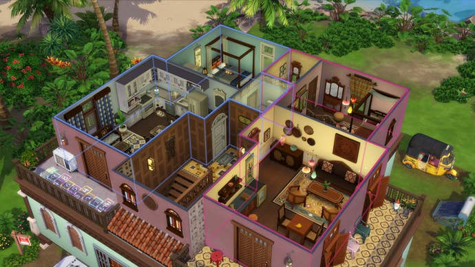 Un edificio de apartamentos en Los Sims 4 En Alquiler siendo editado por el jugador.