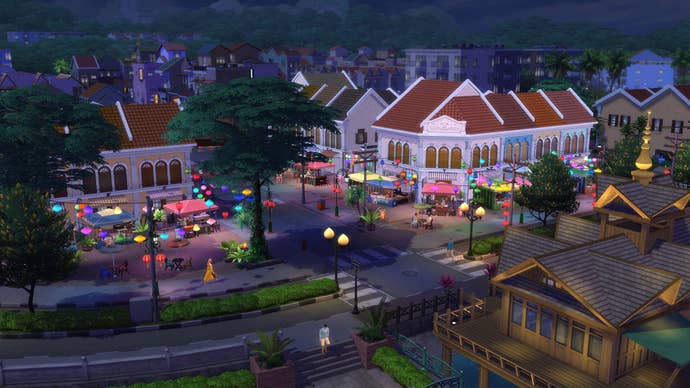 عالم Tomarang الجديد في لعبة Sims 4 ليلاً.