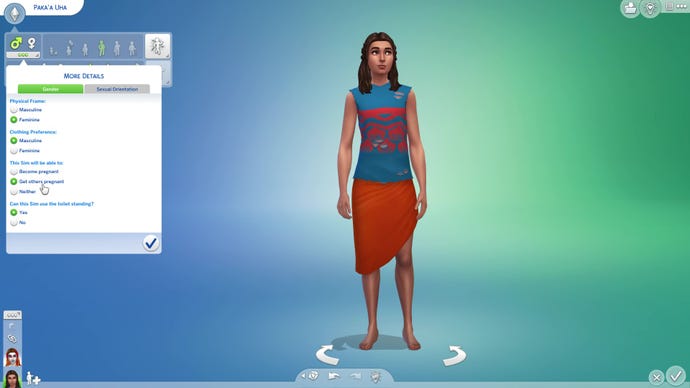 The Sims 4 Create-A-Sim, displaying the gender identity customisation tab. From here you can define your Sim's preferences in terms of gender expression, and how they're set up biologically.