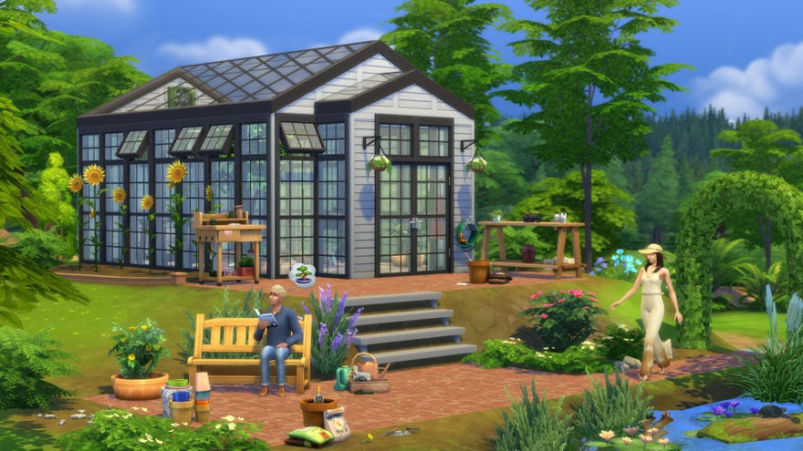 The Greenhouse Haven kit in The Sims 4, showing a greenhouse and lush garden.