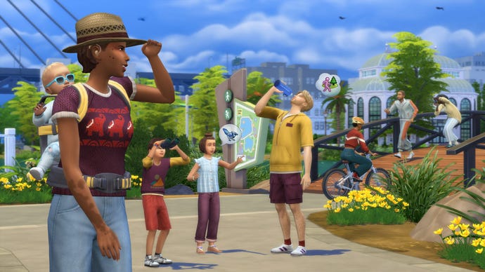 Several Sims explore a parkland area in San Sequoia. Several Sims walk or bike over a bridge, while in the foreground a Sim with an infant strapped to their back appears slightly lost. City buildings can be seen further off in the distance.