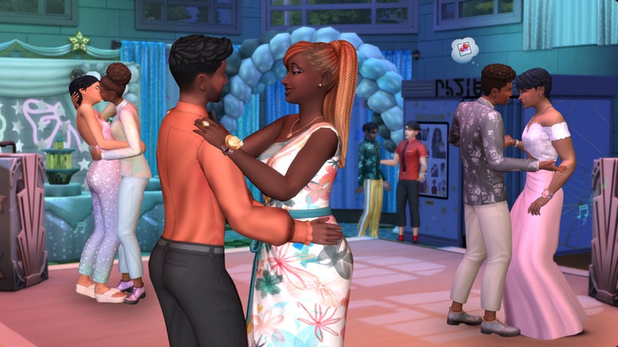 A prom scene in The Sims 4 High School Years. In the foreground a young couple slow dance, while another couple kisses in the background. Other pairs can be seen chatting and flirting against the backdrop of a balloon arch and dance floor.