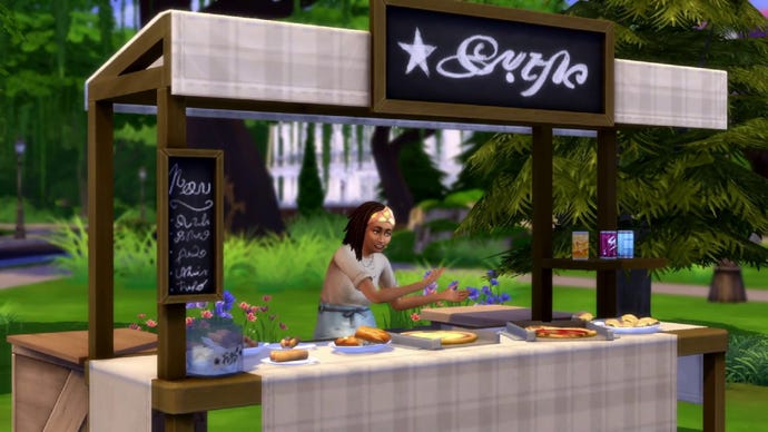 A Sim attends a stall in an outdoor park area that showcases their home-baked goods for sale.