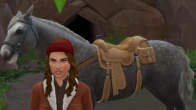 A female Sim and her grey horse pose against a cave entrance in The Sims 4 Horse Ranch.