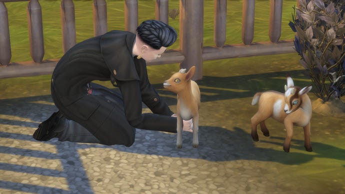 A dark-haired Sim in a black outdoor coat milks a mini goat in The Sims 4 Horse Ranch, with another goat looking on and grape vines in the background.