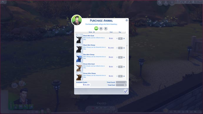 An in-game pop up menu lists mini goats and mini sheep for sale in The Sims 4 Horse Ranch.