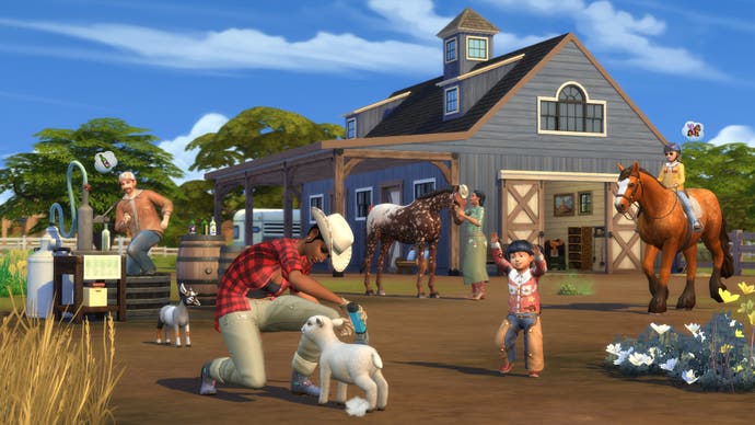Die Sims 4 Horse Ranch Artwork zeigt Nutztiere und Sims, die in einem Hof spielen und arbeiten