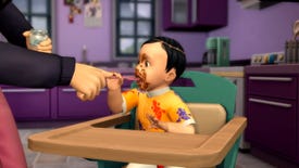 A baby eats baby food in The Sims 4's new, free infants update.