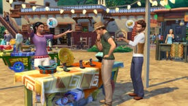 In a bright courtyard market, two male Sims examine a table of explorers' gear and relics and haggle over the price with a female vendor.