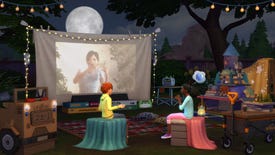 Two children in The Sims 4 sat in a back garden surrounded by outdoor camping gear in front of a sheet with a movie projected onto it at night.
