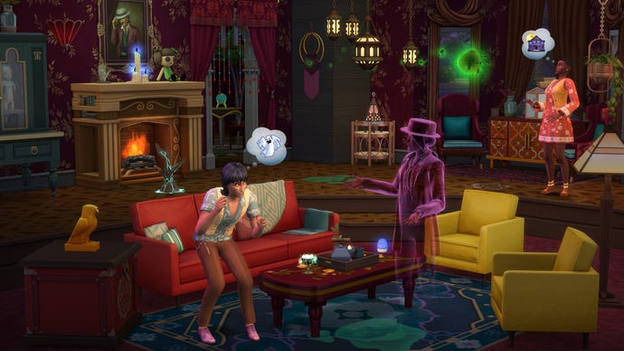 A scared homeowner learns about their haunted house from one of the friendlier ghosts who occupies the place, in The Sims 4: Paranormal Stuff.