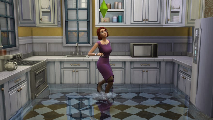 The Sims 4 - Eliza Pancakes plays in a pond that is flooding her kitchen