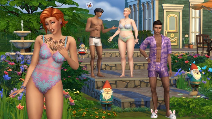 Four Sims model lingerie from the new Simtimates Collection Kit in a garden, of all places.