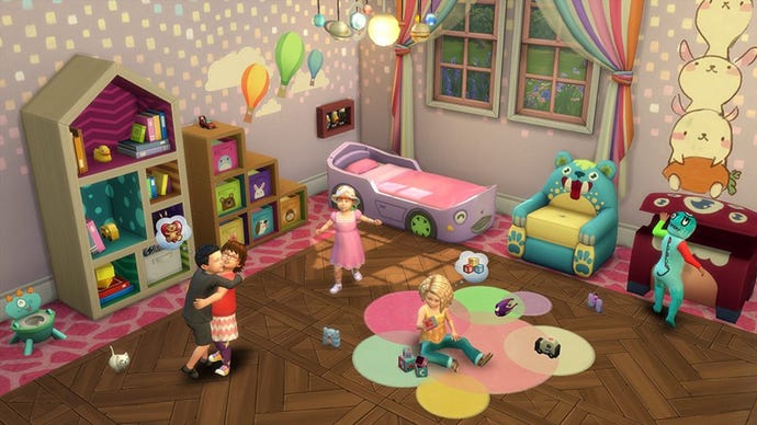 A group of toddlers playing together in a large playroom in The Sims 4.
