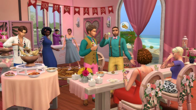 A screenshot of The Sims 4's Wedding Stories Pack, showing happy guests at a pink coloured wedding reception.