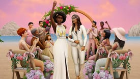 A sapphic Sims beach wedding in The Sims 4: My Wedding Stories promotional artwork.