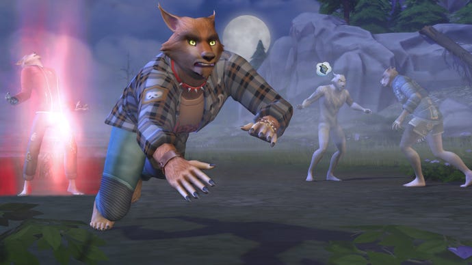 Quattro lupi mannari in forma bestia nei Sims 4: lupi mannari. Si trasforma mentre due stanno discutendo e il lupo mannaro in primo piano si lancia alla telecamera
