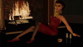 A blocky yet attractive female Sim from The Sims 1 stretches out in front of a (definitely not in-engine) glowing fire, with a similarly non-canonical bottle of wine and two glasses next to her.