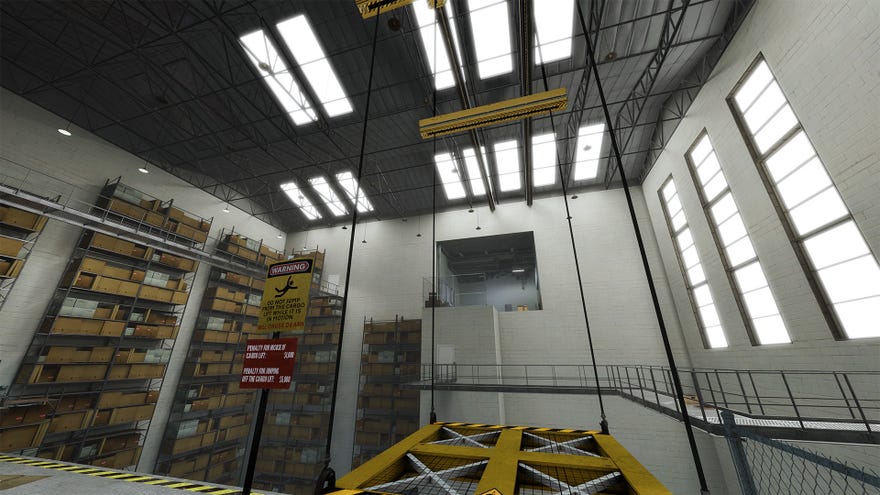 A screenshot of The Stanley Parable: Ultra Deluxe showing a large but uninteresting warehouse with some danger signs.
