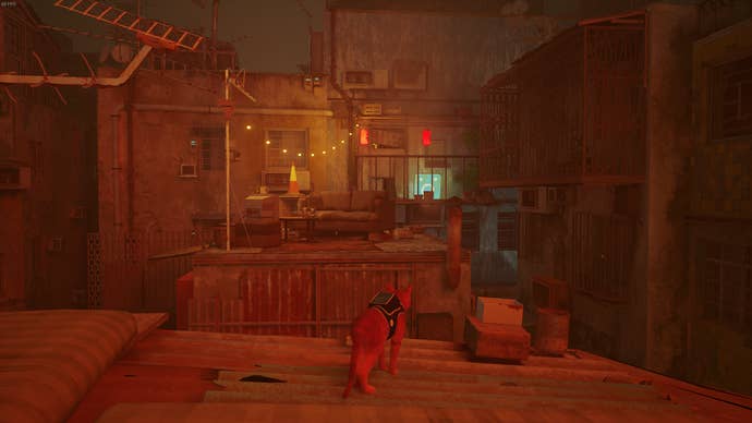 The Outsider looks in the direction of the library in Stray.